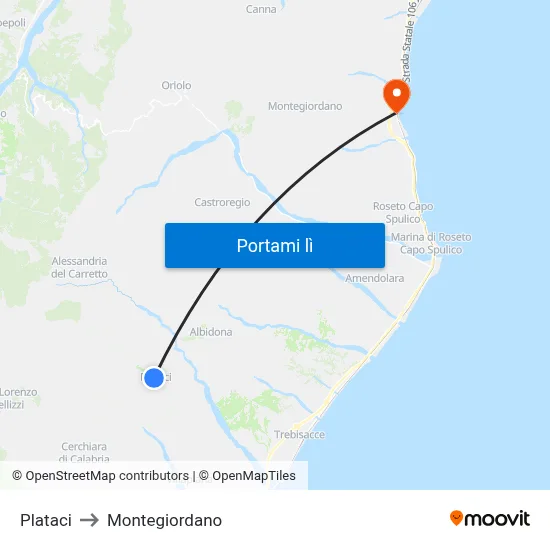 Plataci to Montegiordano map