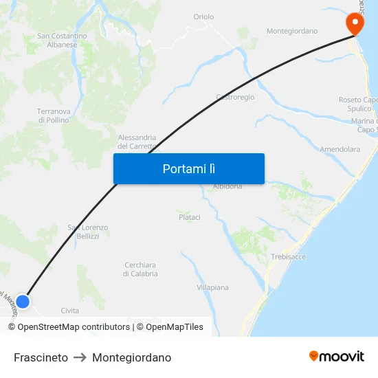 Frascineto to Montegiordano map