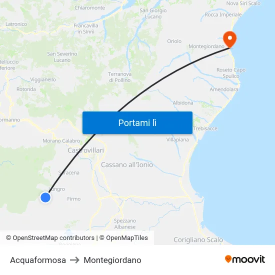 Acquaformosa to Montegiordano map