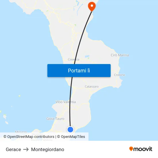Gerace to Montegiordano map