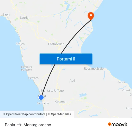 Paola to Montegiordano map