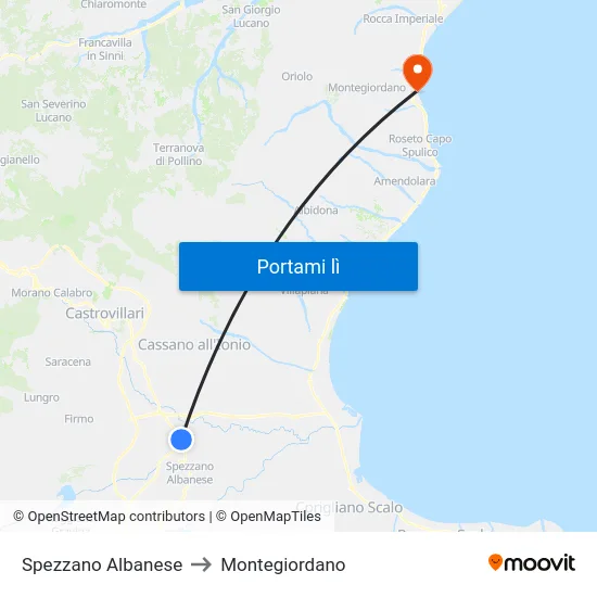 Spezzano Albanese to Montegiordano map