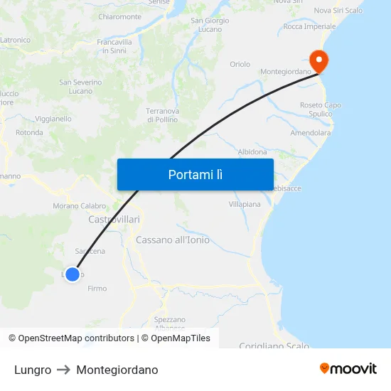 Lungro to Montegiordano map