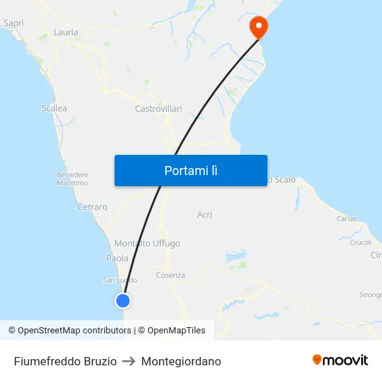 Fiumefreddo Bruzio to Montegiordano map