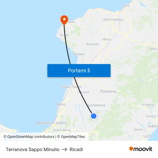 Terranova Sappo Minulio to Ricadi map