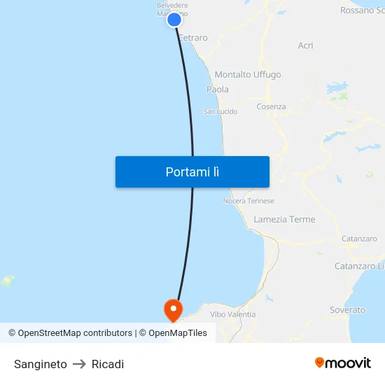 Sangineto to Ricadi map