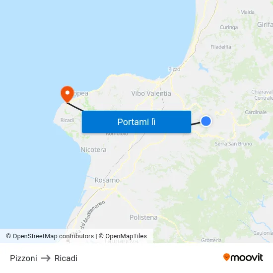 Pizzoni to Ricadi map