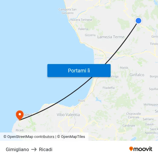 Gimigliano to Ricadi map