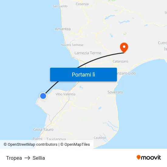 Tropea to Sellia map
