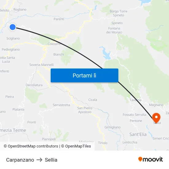 Carpanzano to Sellia map