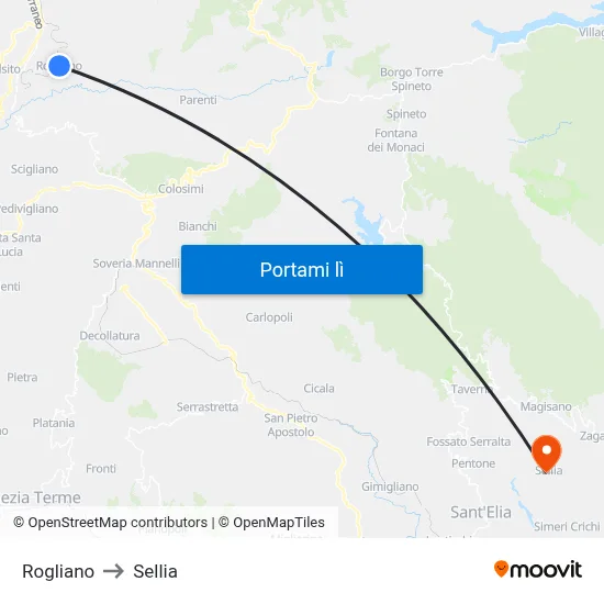 Rogliano to Sellia map