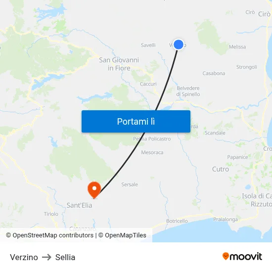 Verzino to Sellia map