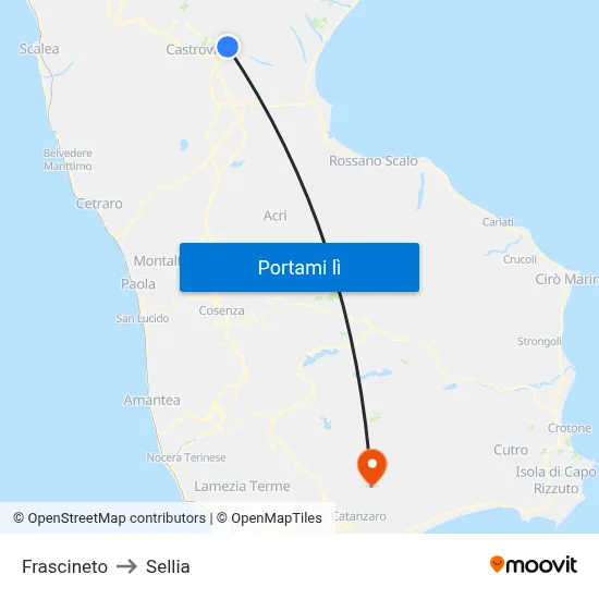 Frascineto to Sellia map