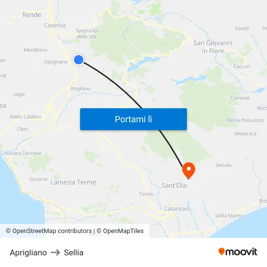 Aprigliano to Sellia map