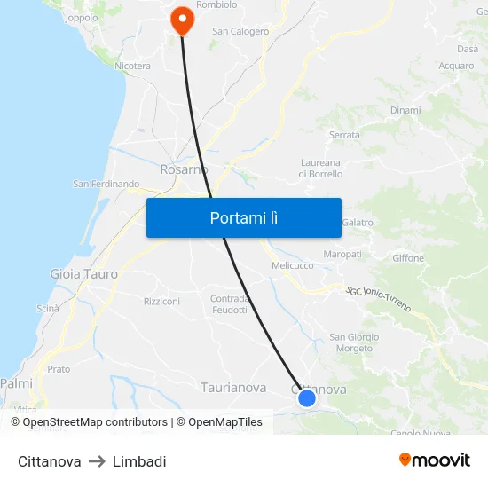 Cittanova to Limbadi map