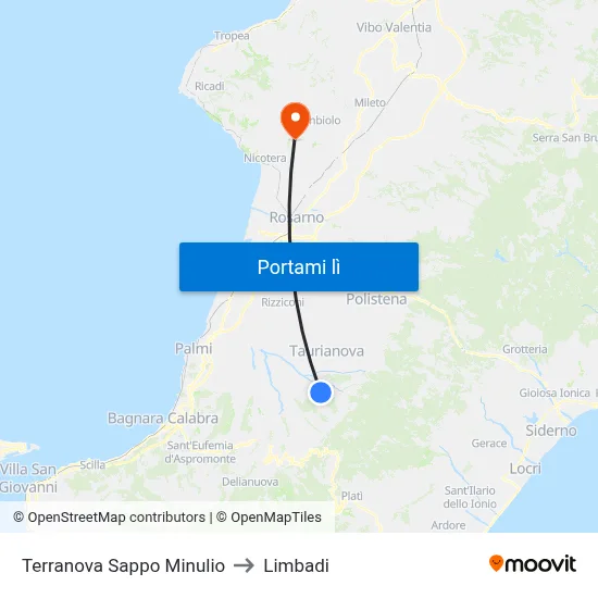 Terranova Sappo Minulio to Limbadi map