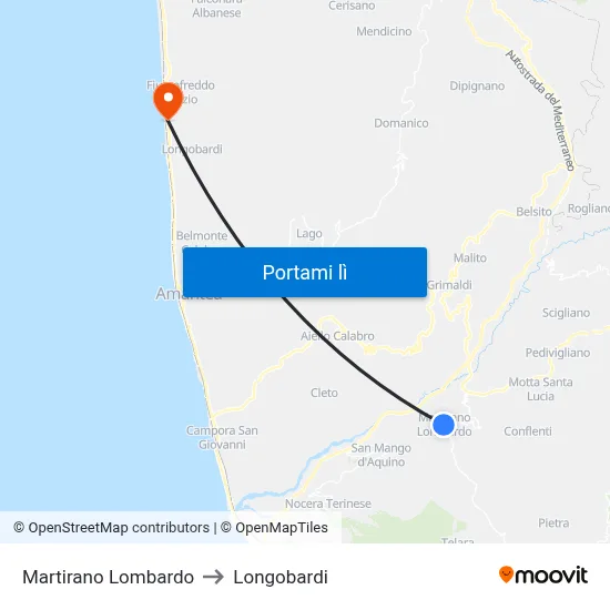 Martirano Lombardo to Longobardi map