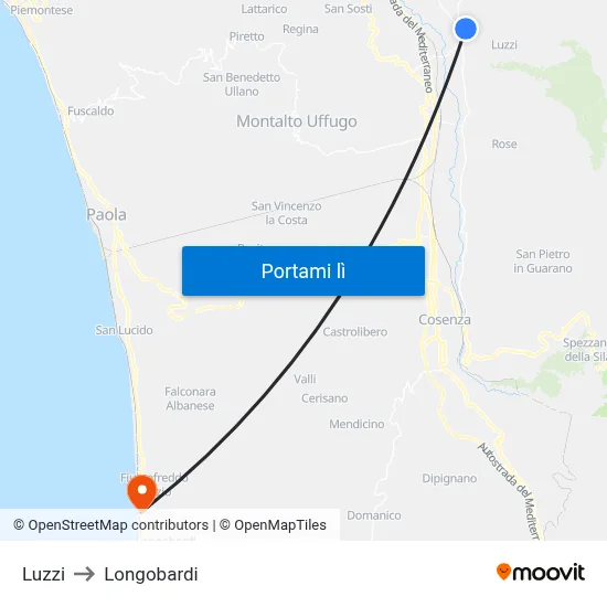 Luzzi to Longobardi map