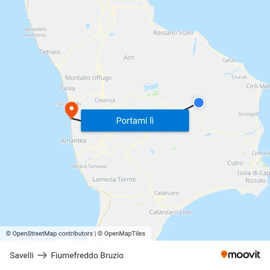 Savelli to Fiumefreddo Bruzio map