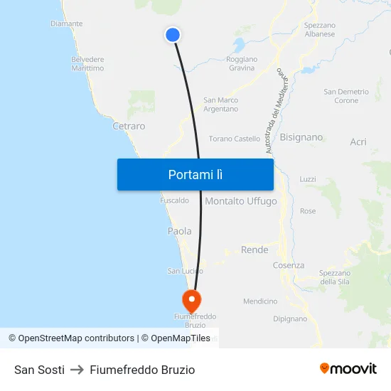 San Sosti to Fiumefreddo Bruzio map