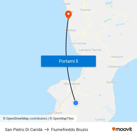San Pietro Di Caridà to Fiumefreddo Bruzio map