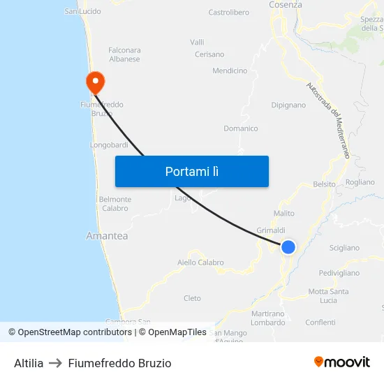 Altilia to Fiumefreddo Bruzio map