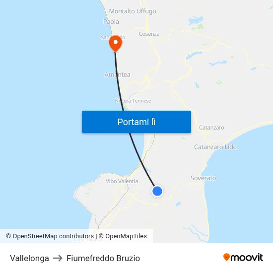 Vallelonga to Fiumefreddo Bruzio map