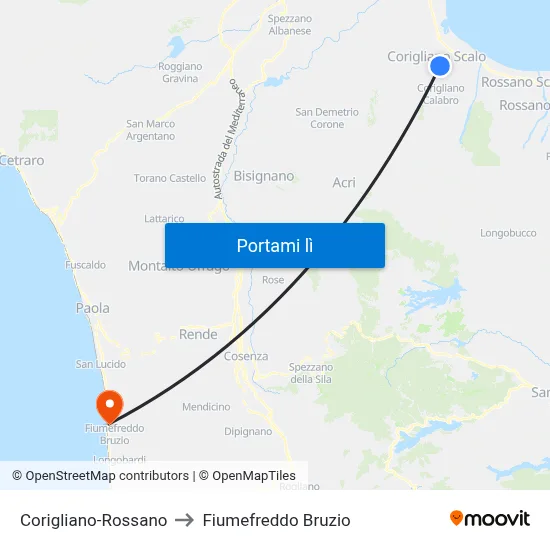 Corigliano-Rossano to Fiumefreddo Bruzio map