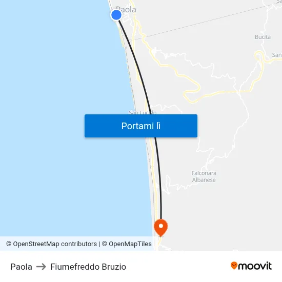 Paola to Fiumefreddo Bruzio map