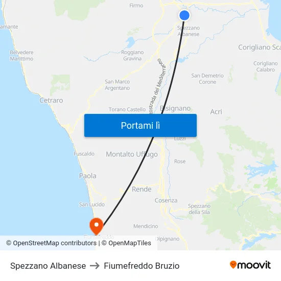 Spezzano Albanese to Fiumefreddo Bruzio map