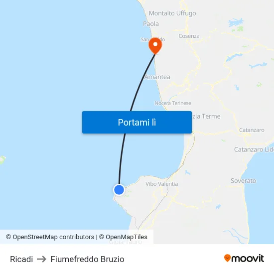 Ricadi to Fiumefreddo Bruzio map
