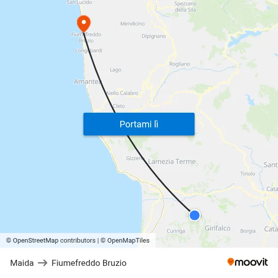 Maida to Fiumefreddo Bruzio map