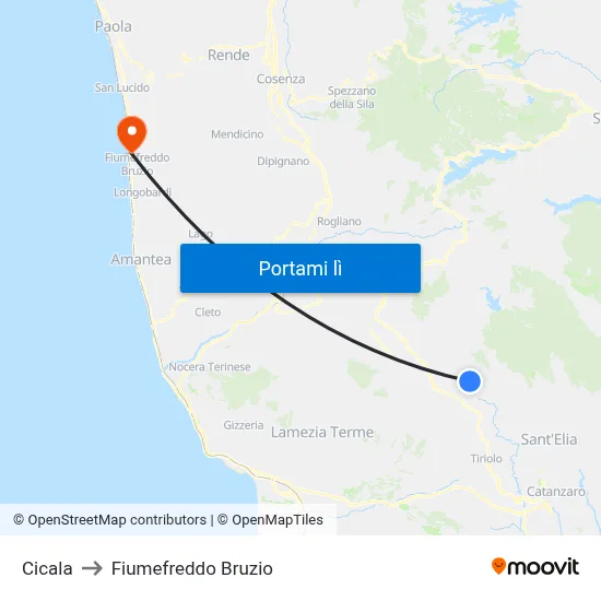 Cicala to Fiumefreddo Bruzio map