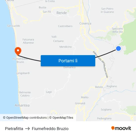 Pietrafitta to Fiumefreddo Bruzio map