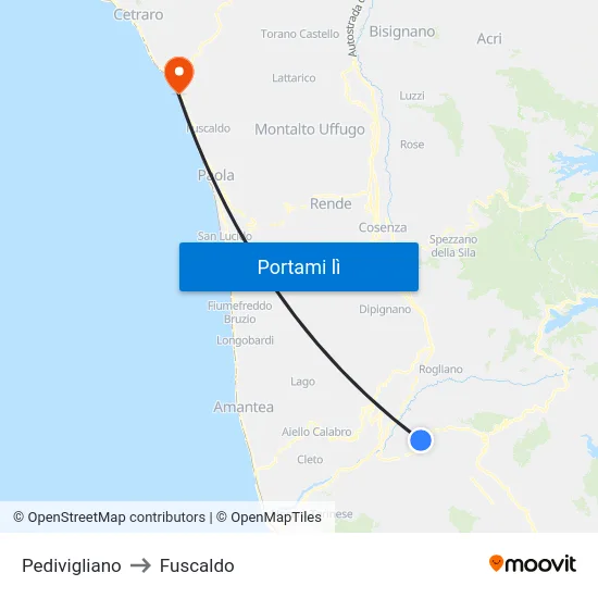 Pedivigliano to Fuscaldo map