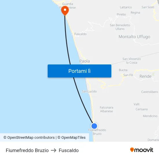 Fiumefreddo Bruzio to Fuscaldo map