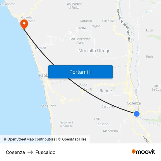 Cosenza to Fuscaldo map