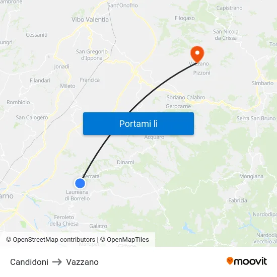 Candidoni to Vazzano map