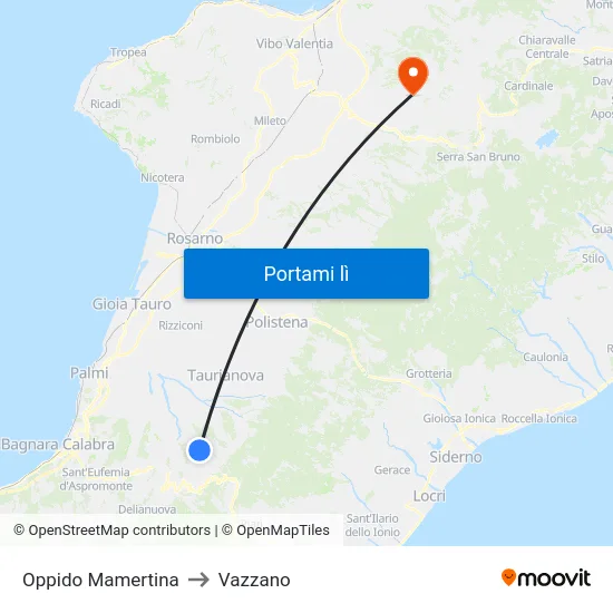Oppido Mamertina to Vazzano map