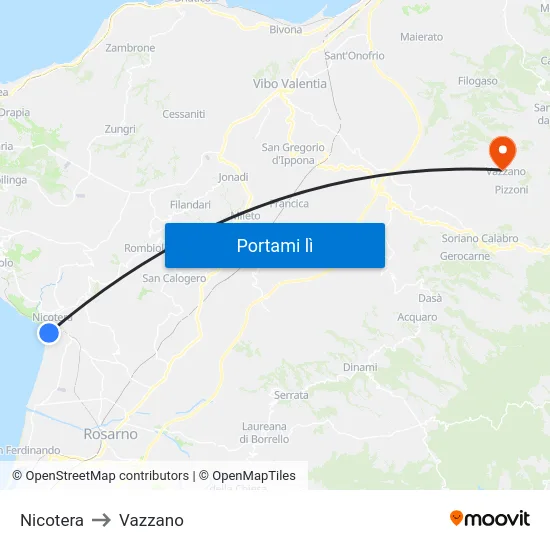 Nicotera to Vazzano map