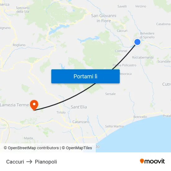 Caccuri to Pianopoli map