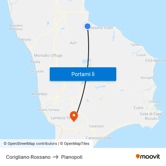 Corigliano-Rossano to Pianopoli map