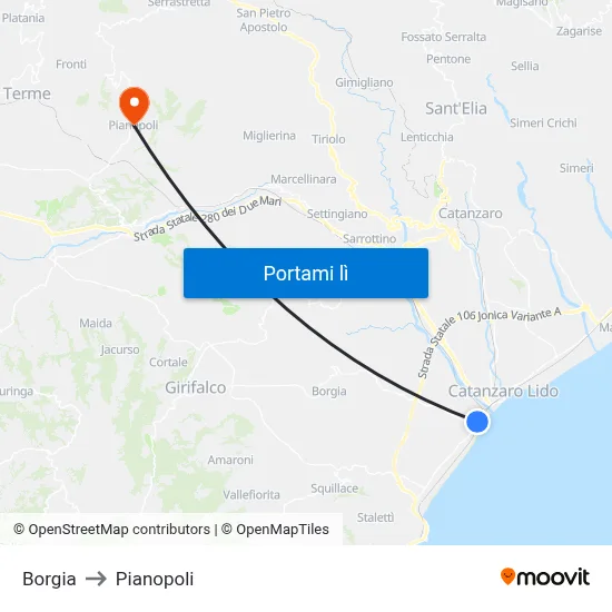 Borgia to Pianopoli map