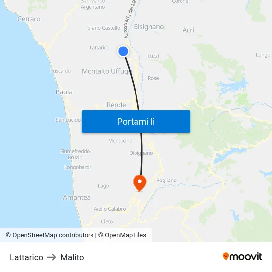 Lattarico to Malito map