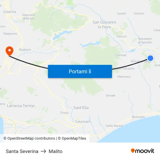 Santa Severina to Malito map
