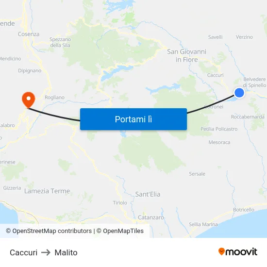 Caccuri to Malito map