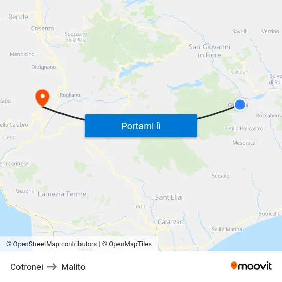 Cotronei to Malito map