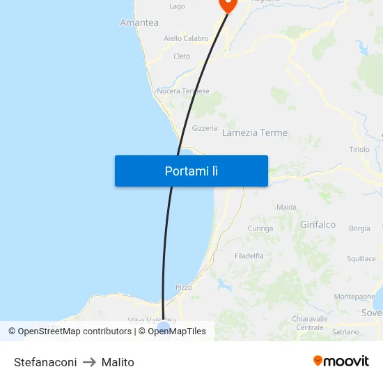 Stefanaconi to Malito map