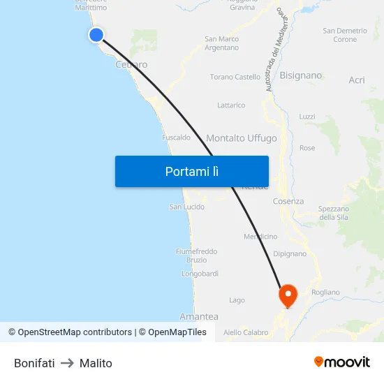 Bonifati to Malito map