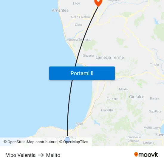 Vibo Valentia to Malito map